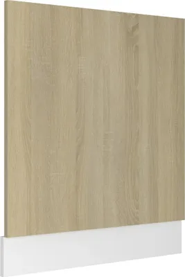 A close-up, angled view of a dishwasher front panel with a wood grain texture and a white base.