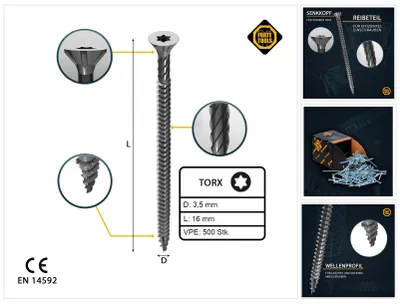 Immagine prodotto di 500x viti universali per legno 3,5x16mm T15 Torx per pannelli truciolari zincate
