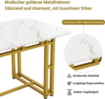Obrázek produktu pro Jídelní stůl - obdélníkový, rozměry 120x70x74 cm - materiál: MDF a kov - minimalistický, moderní design - barva: bílá a zlatá