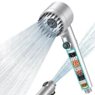 Produktbild von Handbrause mit 15-Schicht-Filter und 1,5m Schlauch, 4 Strahlarten, Silber