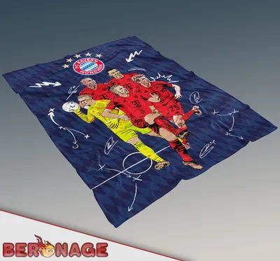 A folded FC Bayern München blanket with player illustrations and tactical drawings.