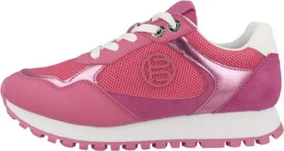 A side view of a pink sneaker.