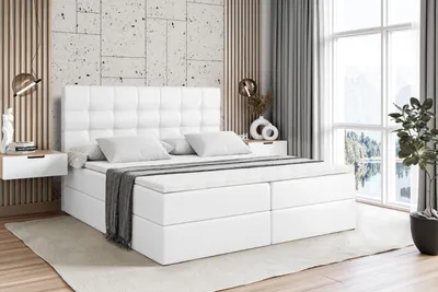 Produktbild von ALTDECOR Boxspringbett mit Matratze und Lattenrost  - BERO  - 180x200 cm  - Weiß Kunstleder - Boxbett, Topper, Polsterbett mit Bettkasten, Bett mit Stauraum H3 -Matratze, Doppelbett, Springboxbett