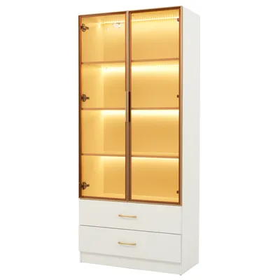 Produktbild von Badezimmerschrank, Mittel, Mit Lichtleiste, 75 Cm Breit, Mit 2 Großen Schubladen Und 2 Türen, Glastür, Weiß