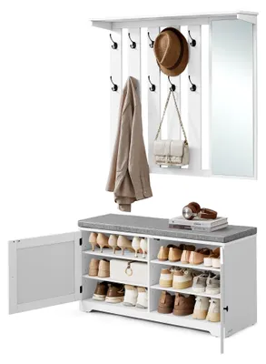 Produktbild von Schuhbank und Wandgarderobe Set mit Spiegel, 10 Doppelhaken, Schuhschrank mit verstellbaren Ablagen, Doppeltüren, Sitzbank mit abnehmbarem Sitzpolster, 101 cm breit, wolkenweiß