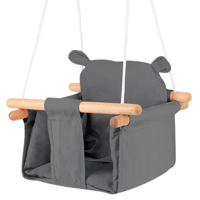 A close-up studio shot of a gray baby swing with wooden bars.
