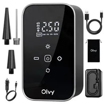 Productafbeelding van Olvy Elektrische luchtpomp met powerbank van 6000 mAh – 12V mini-compressor voor auto, fiets, ballen, luchtbed, display, LED, automatische uitschakeling