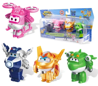 Imagen del producto de Super Wings Transform-a-Bots, set de 4 figuras que incluye a Paul, Dizzy, Golden Boy y Mira, en los colores rosa, amarillo, azul y verde. Serie S5