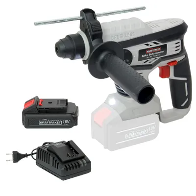 Produktbild von Dino KRAFTPAKET 18V-22 Bürstenloser Akku Bohrhammer SDS-plus Schlag-Bohrmaschine (2.2 Joule, Bohrleistung: Beton: 22mm) mit Schnellstopp, im Set mit 2Ah Akku und Ladegerät, Motor bürstenlos (Brushless)