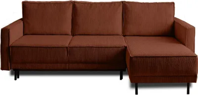 A brown corduroy sectional sofa with a chaise lounge is shown from the front against a white background.