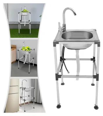 Produktbild von Freistehender Spültisch aus Edelstahl mit Wasserhahn – Mobiler Spültisch für Outdoor-Küchen, Gastronomie und Camping (42 * 37 * 75 cm)