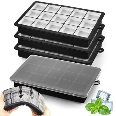 Immagine prodotto di Set di 4 stampi in silicone per cubetti di ghiaccio, con 15 cavità per stampo, dotati di coperchio, impilabili e facili da svuotare