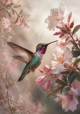 Immagine prodotto di Poster "Kolibri" formato DIN A2 – Quadro decorativo con colibrì e fiori in colori delicati, finitura opaca
