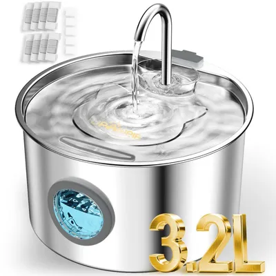 Image de Fontaine à eau pour chats, en acier inoxydable, 3,2 litres, avec 8 filtres, ultra silencieuse, avec indicateur de niveau d'eau, éclairage LED, couleur argent