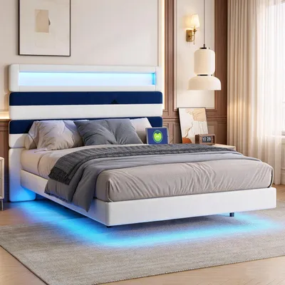 Obrázek produktu pro Postel s čalouněnou konstrukcí, rozměry 140x190 cm, s USB porty a LED osvětlením, funkční postel s nastavitelnou opěrkou hlavy s pruhovaným vzorem, postel pro mládež, dvoulůžko s roštem, potah z veluru