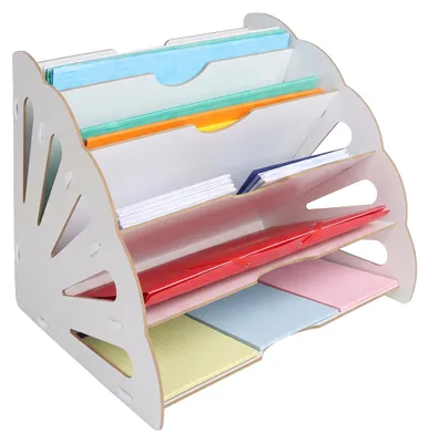 Produktbild von Relaxdays Briefablage, DIN A4, 5 schräge Fächer, HxBxT: 28 x 34 x 28 cm, MDF, Dokumentenfächer Büro, Büroablage, weiß