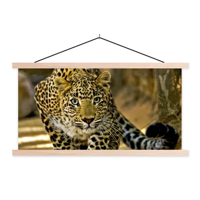 Produktbild von MuchoWow® Textilposter Leopard - Raubtier - Porträt 60x30 cm mit holzfarbenen Rahmen - Dekoration