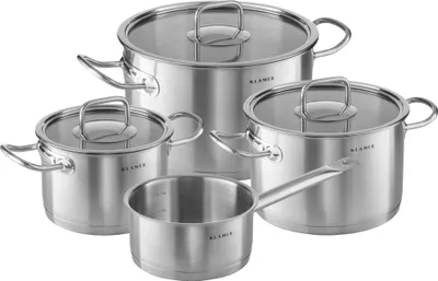 Produktbild von KLAMER Topf-Set 4-tlig. mit Glasdeckel, Induktion, extra dicke Wand- und Bodenstärke aus hochwertigem Edelstahl, unbeschichtetes Profi-Kochtopfset