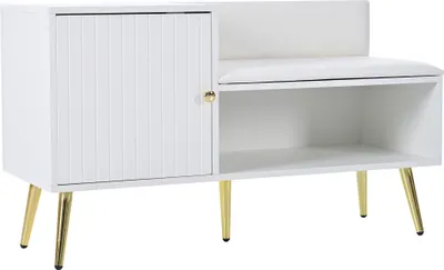 Produktbild von Flieks Schuhschrank mit Sitzbank, Schuhkommode Schuhregal mit Schuhbank, Schuhtruhe mit Kissen, Schuhschrank mit Metallbeinen, PU, Weiß