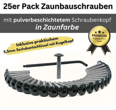 Produktbild von 25x Zaunbauschraube M8x5,5mm x 40mm in Zaunfarbe + Kugelkopf Sechskantschlüssel 25x RAL 7016 Anthrazitgrau