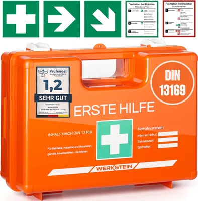 Produktbild von Erste Hilfe Kasten DIN 13169:2021 - Verbandskasten inkl. praktischer Wandhalterung, 5x Aufkleber, Gesichtsmasken, Feuchttücher & Plombe - Erste Hilfe Koffer für Betriebe, Einrichtungen & Zuhause