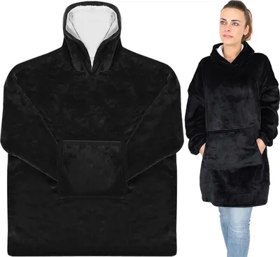 A product shot of a black hooded blanket, shown both flat and worn by a model.