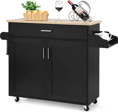 Immagine prodotto di Carrello da cucina - Isola da cucina su ruote - Portasciugamani - Scaffale per spezie - Cassetto - Ripiano regolabile in altezza - Telaio in legno - Nero