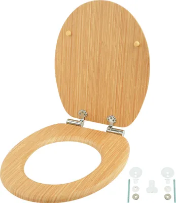 Immagine prodotto di Coperchio per WC Relaxdays, doppia chiusura ammortizzata, 37,5 x 43,5 cm, MDF, fino a 150 kg, coperchio ovale, sedile per WC, colore naturale
