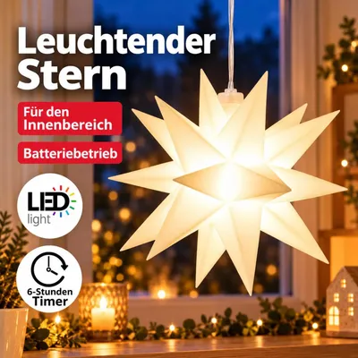 Produktbild von 3D LED Weihnachts Stern weiß beleuchtet Batterie warmweiß Timer Adventstern Deko