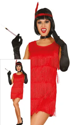 Productafbeelding van Charleston jurk, jaren '20 kostuum, rode franjes, carnaval, dansfeest, maat: 36 - 38 (S), kleur: rood