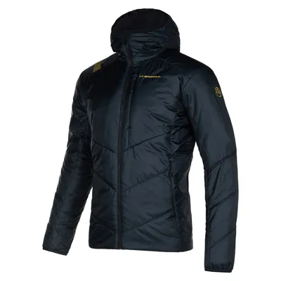 Schwarze Isolationsjacke "Mythic Primaloft Jkt M" von La Sportiva; mit Kapuze und sportlichem Schnitt.