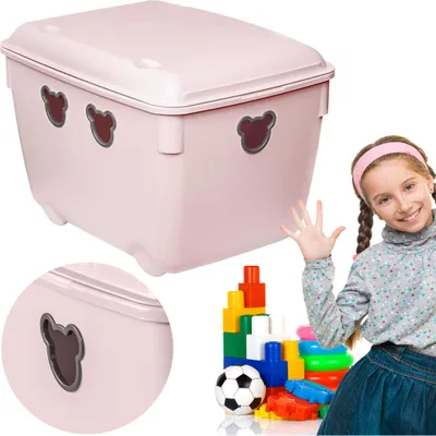 Image de Coffre à jouets en plastique 40 L Grande boîte avec couvercle pour chambre d'enfant Ourson rose