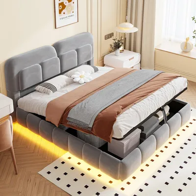 Produktbild von okwish Polsterbett 140×200 mit Matratze und hydraulischem Stauraum, Jugendbett mit LED und gepolstertem Kopfteil,Einzelbett in Grau