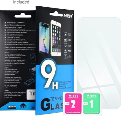 The image shows the packaging for a smartphone screen protector, along with the screen protector itself and cleaning wipes.