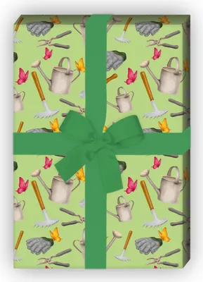 Produktbild von Gärtner Geschenkpapier mit Gießkanne, Rechen und Heckenschere, grün - G8656, 32 x 48cm