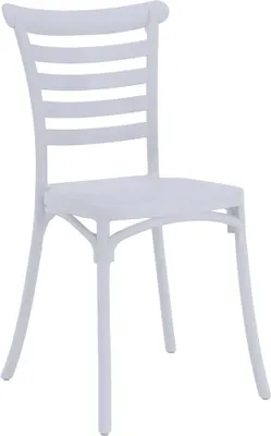 A white plastic chair is shown against a white background.