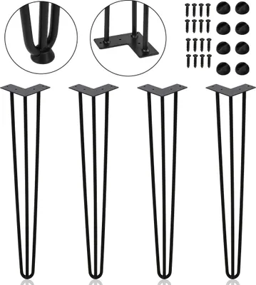 Image de Clanmacy 4x 40cm Hairpin Legs Pieds de table en épingle à cheveux Pieds de table à 3 branches Châssis de table DIY Patins de table Table de salle à manger Noir
