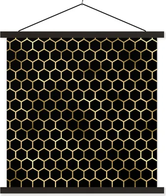 Produktbild von MuchoWow® Textilposter Muster - Sechseck - Gold - Schwarz 40x40 cm mit schwarzem Rahmen - Fotos