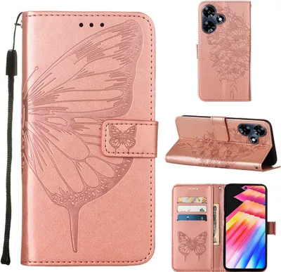 Produktbild von Lederhülle für Infinix Hot 30 4G X6831 Schmetterling Prägung Flip Ledertasche Kartenfächer Handyhülle mit Ständer Pink