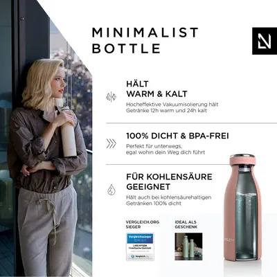 Image de LARS NYSØM Bouteille en acier inoxydable | Bouteille isotherme sans BPA | Bouteille d'eau anti-fuites pour le sport, le vélo, le chien, les enfants, 350 ml, couleur nude
