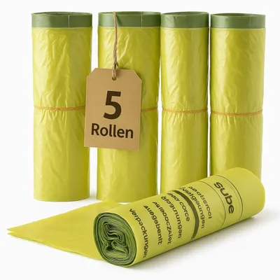 Produktbild von BigDean 5 Rollen Gelber Sack, Gelbe Säcke mit praktischem Zugband, 90 Liter, 15µ - Wertstoffsack 65 Säcke perforiert auf 5 Rollen