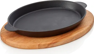 Obrázek produktu pro LAVA pánev na smažení/servírování 24 x 18 x 3 cm s dřevěnou trojnožkou a bočními úchyty, Servírovací pánve 36 litinová smaltovaná řada