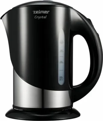 A black and silver electric kettle is shown against a white background.