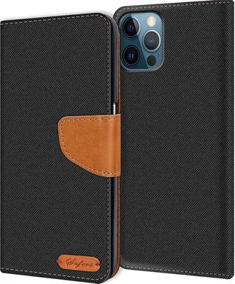 Zdjęcie produktu dla Etui na telefon komórkowy Denim do Apple iPhone 12 / 12 Pro (6.1) Jeans Look Book Case pokrowiec ochronny, czarny