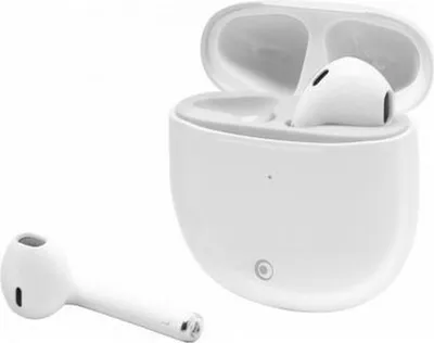 A white charging case with one earbud inside and another earbud placed next to it on a white background.