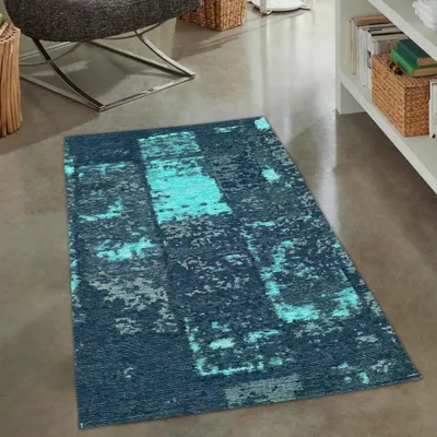 Obrázek produktu pro Abstraktní koberec do obývacího pokoje v modré, bílé a šedé barvě Velikost - 80 x 150 cm