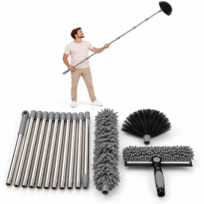Produktbild von Relaxdays Staubwedel Set, 3 Aufsätze, Teleskopstiel, 0,8-4 m, waschbar, Haushalt Reinigungsset, Fenster & Decken, grau, KI-generiertes Bild