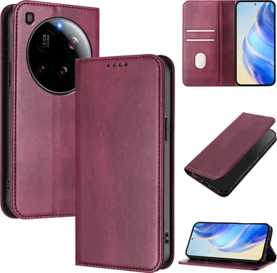 Obrázek produktu pro Pouzdro pro Xiaomi 15 Ultra, vintage kožené pouzdro s RFID ochranou, přihrádkami na karty, stojánkem Červený