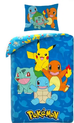 Produktbild von Halantex Bettwäsche Pokemon mit Pikachu, Glumanda, Schwertkäfer und Bulbizarr, Bettbezug 140 x 200 cm + Kissenbezug, Blau, POK579