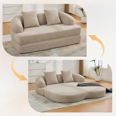 Produktbild von 2-in-1 Klappsofa Zweisitzer Chenille ausklappbar 2 Kissen 157x84x65 cm khaki